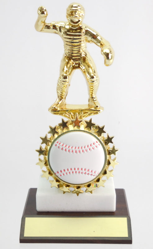 Baseball Catcher Metal Figure Trophy on Marble and Wood Base with Starred Logo Holder-Trophy-Schoppy&