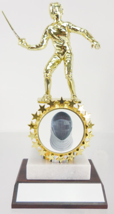 Fencing Figure Trophy on Marble and Wood Base with Starred Logo Holder-Trophy-Schoppy's Since 1921