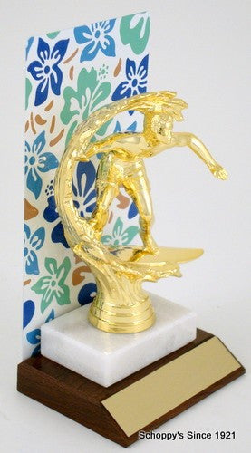 ESA Hawaiian Flower Trophy with Metal Backdrop On Marble and Wood Base-Trophies-Schoppy&