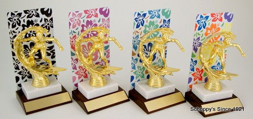ESA Hawaiian Flower Trophy with Metal Backdrop On Marble and Wood Base-Trophies-Schoppy&