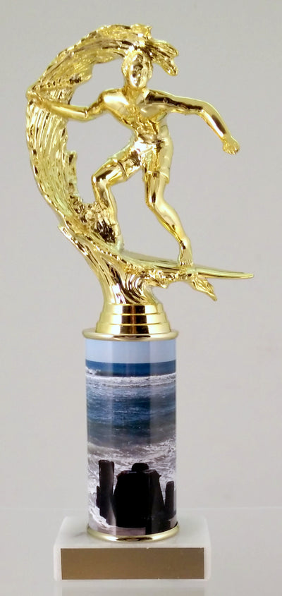 Surfer Trophy With Beach Metal Column On Marble-Trophy-Schoppy's Since 1921