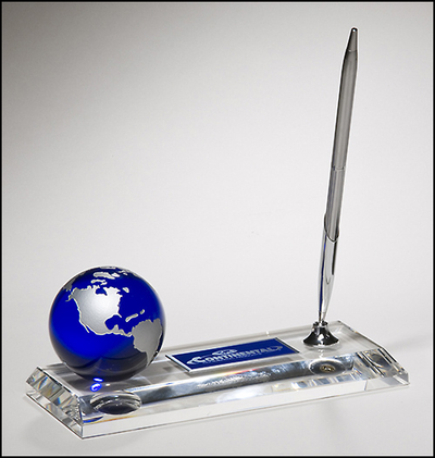 Crystal Pen Set with Blue Globe and High Quality Metal Pen-Pen-Schoppy's Since 1921