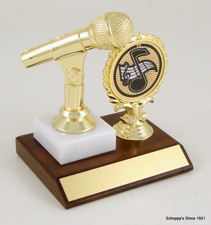 Microphone with Logo Holder on Slant Front Wood Base-Trophy-Schoppy&