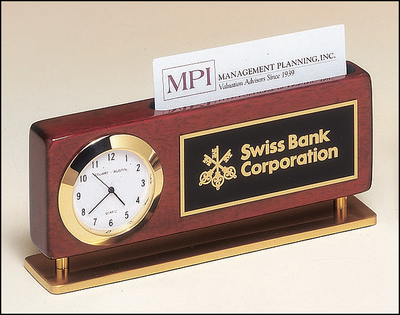 Combination Clock & Business Card Holder in Rosewood Piano-Finish BC893-Name Desk Block-Schoppy's Since 1921