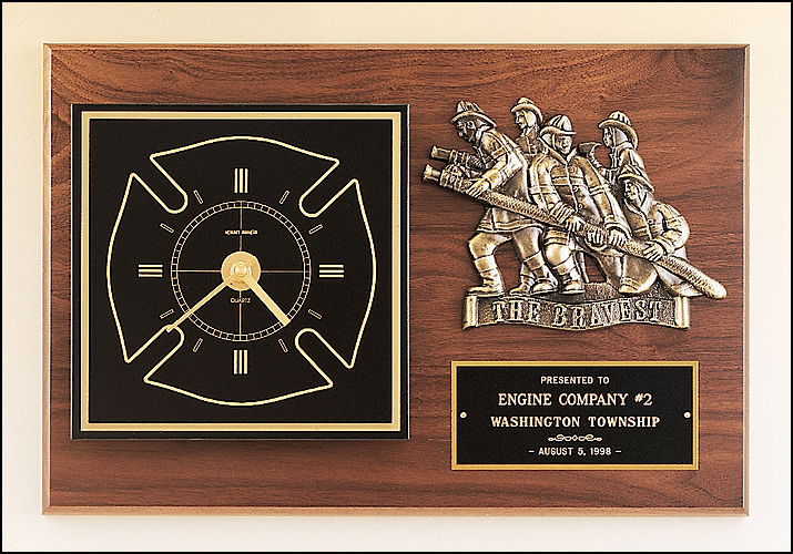 Walnut Plaque with Multiple Firefighters, antique bronze finish casting and clock - Made in the USA