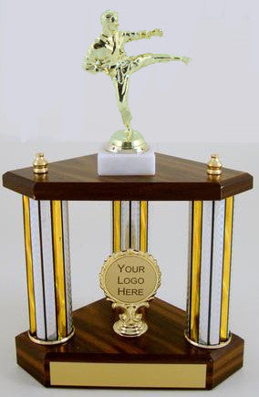 Small Three Column Trophy With Jumbo Karate Figure And Logo-Trophy-Schoppy&