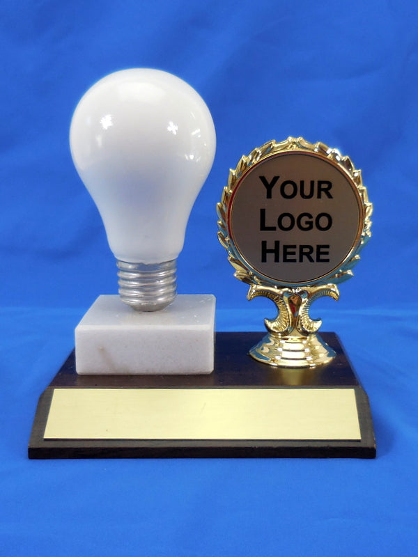 White Light Bulb On Marble and Wooden Base with Custom Logo-Trophy-Schoppy&
