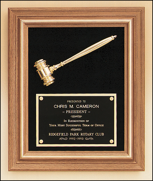 Walnut Plaque, Gold Electroplate Metal Gavel 15"x18", Made in the USA
